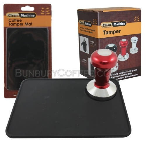 Coffee Tamper & Mat Set, Flat Base, Anodized Red Handle