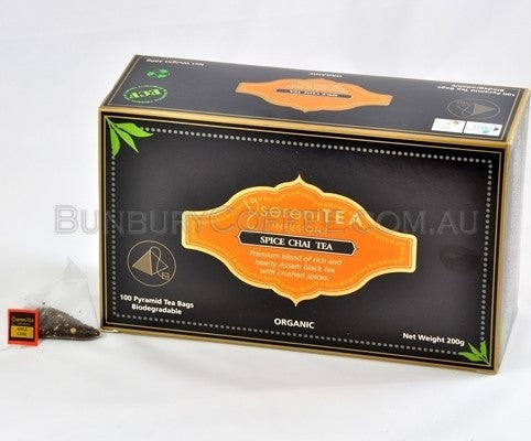 SereniTEA Organic Spice Chai : 100 Biodegradable Pyramid Tea Bags in Bo