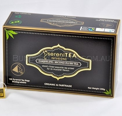 SereniTEA Organic Darjeeling Second Flush : 100 Biodegradable Pyramid Tea Bags in Box