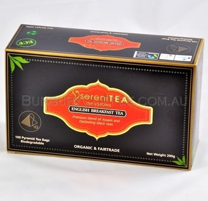 SereniTEA Organic English Breakfast : 100 Biodegradable Pyramid Tea Bags in Box